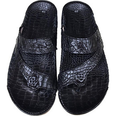 Dép da cá sấu Trường Hải quai ngang xỏ ngón màu đen sang trọng da cá sấu thật sắc sảo  may viền chắc chăn, đế kếp mềm dẻo không trơn DN0789