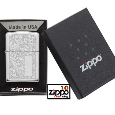 Bật lửa Zippo 352 Hoa Văn Trắng High Polish Chrome Venetian Design - Chính hãng 100%