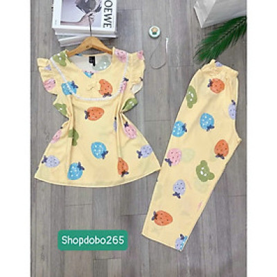 Đồ bộ nữ,đồ ngủ mặc nhà lửng 9 tấc cổ phối ren tay cánh tiên vải lanh BL 39 họa tiết dễ thương size 51-70kg.