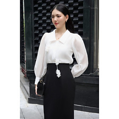 Valen Shirt - Áo sơ mi tơ vai nhún bồng nhẹ thiết kế cao cấp WHITE CHIC