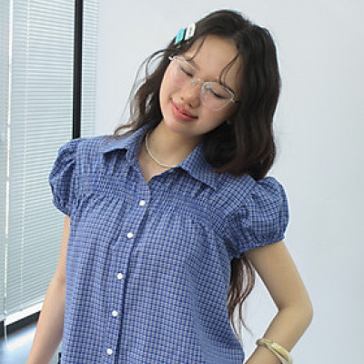 DOTTIE - Áo sơ mi kiểu nhún ngực - Xanh - T1116