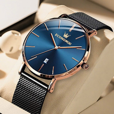 Đồng Hồ Nam Chính Hãng ECONOMICXI Dây Thép Mành Đen Kích Thước Mặt 40mm Có Lịch Ngày - Thiết Kế Nam Tính ECNTA23