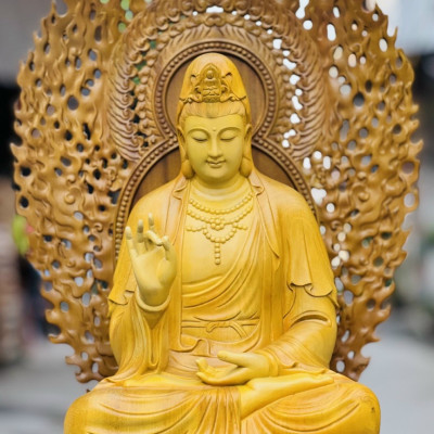 Bộ Tượng phật tây phương tam thánh bằng gỗ gõ vàng kt 90×48×48cm