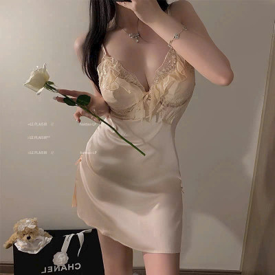 Váy Ngủ D721 Lụa Quảng Châu Cao Cấp Đính Nơ Viền Bèo Tiểu Thư Xinh Xắn