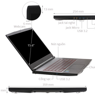 Máy Tính Xách Tay Laptop MSI GF63 Thin 11UC-444VN (i5 11400H/8GB/512GB/15.6"FHD/NVIDIA GeForce RTX 3050 4GB/Win10_ Đen) - Hàng Chính Hãng