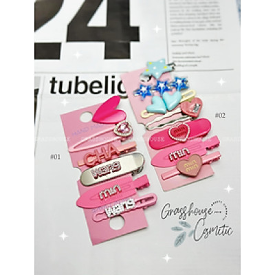 Set kẹp tóc mái Handmade dễ thương 6pcs/vỉ chữ Min/ CHA/ Wang/ Hình Trái TIm