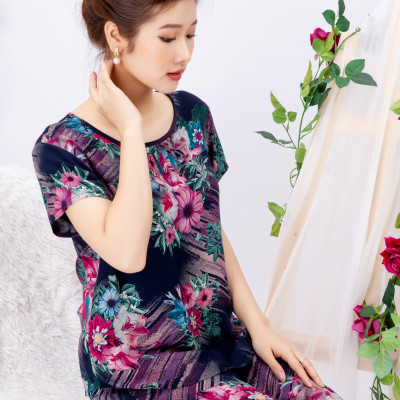 Bộ đồ nữ mặc nhà trung niên cho các bà, các mẹ - Bộ đồ ngủ lanh (tole) - Bộ mặc nhà trung niên vải lanh (tole) Vicci BGD.082, thiết kế áo cộc tay phối quần dài in hoạ tiết (Màu 7-8-9-10-11)