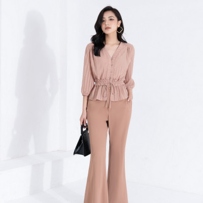 Áo sơ mi nữ thiết kế kiểu bèo eo thắt nơ tay bồng lỡ chất liệu xanh Recycled HeraDG SAKBC3019