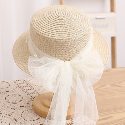 Mũ nón đi biển vành nhỏ chóp bằng phối đai trắng ngọc trai nhân tạo chất liệu cói chống nắng thoáng mát thời trang Hàn Quốc Dona240607