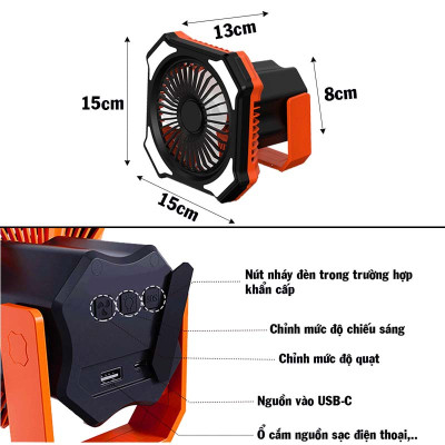 Quạt mini tích điện treo lều tích hợp sạc điện thoại gấp gọn cắm trại, camping, dã ngoại, du lịch, picnic ngoài trời pin 10.000mAh Legaxi