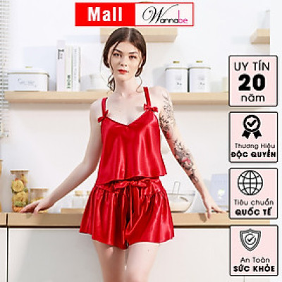 Đồ bộ mặc nhà WANNABE BSS37 đồ bộ quần sọt áo hai dây bản to trang trí nơ xinh xắn mang lại vẻ dễ thương cho bạn gái