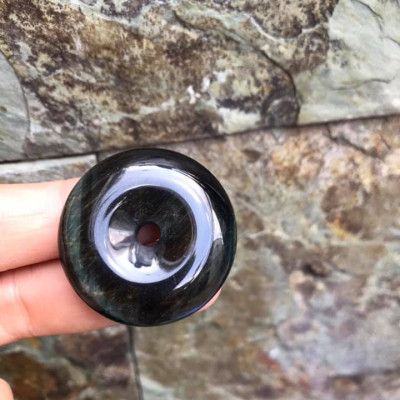 Mặt Dây Chuyềnn Đồng Tiền Điếu đá mắt hổ đen xanh xíu vàng tự nhiên  size 33mm x dầy 8,5mm  Nam mệnh Thủy Mộc 