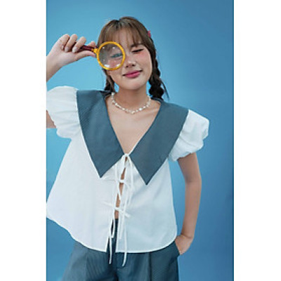 DOTTIE - Áo kiểu tay phồng phối vải - Trắng kem - T1119