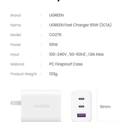 Ugreen UG90495CD275TK 65W Bộ sạc nhanh xe hơi 2cổng USB-C + USB-A PD3.0 QC4.0 Màu Trắng chuẩn cắm US - HÀNG CHÍNH HÃNG
