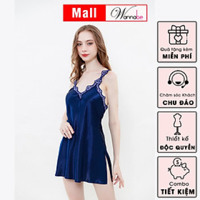 Đầm ngủ WANNABE DNS85 váy ngủ 2 dây lụa cổ tim cut-out lưng sâu viền ren lượn sóng từ trước ra sau khoe vai trần gợi cảm