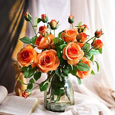 Hoa lụa, cành hoa hồng quý tộc Island 2 bông kèm nụ decor phòng khách, trang trí nhà hàng, spa cao cấp AZ-40