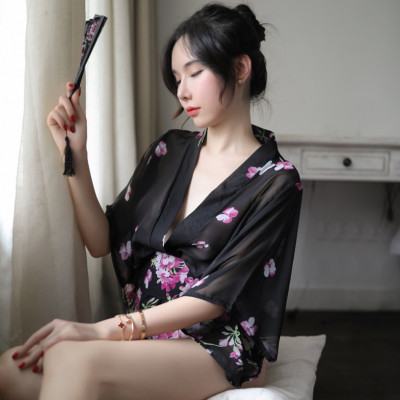 Áo choàng tắm Pyjama voan hoa ngắn tay gợi cảm