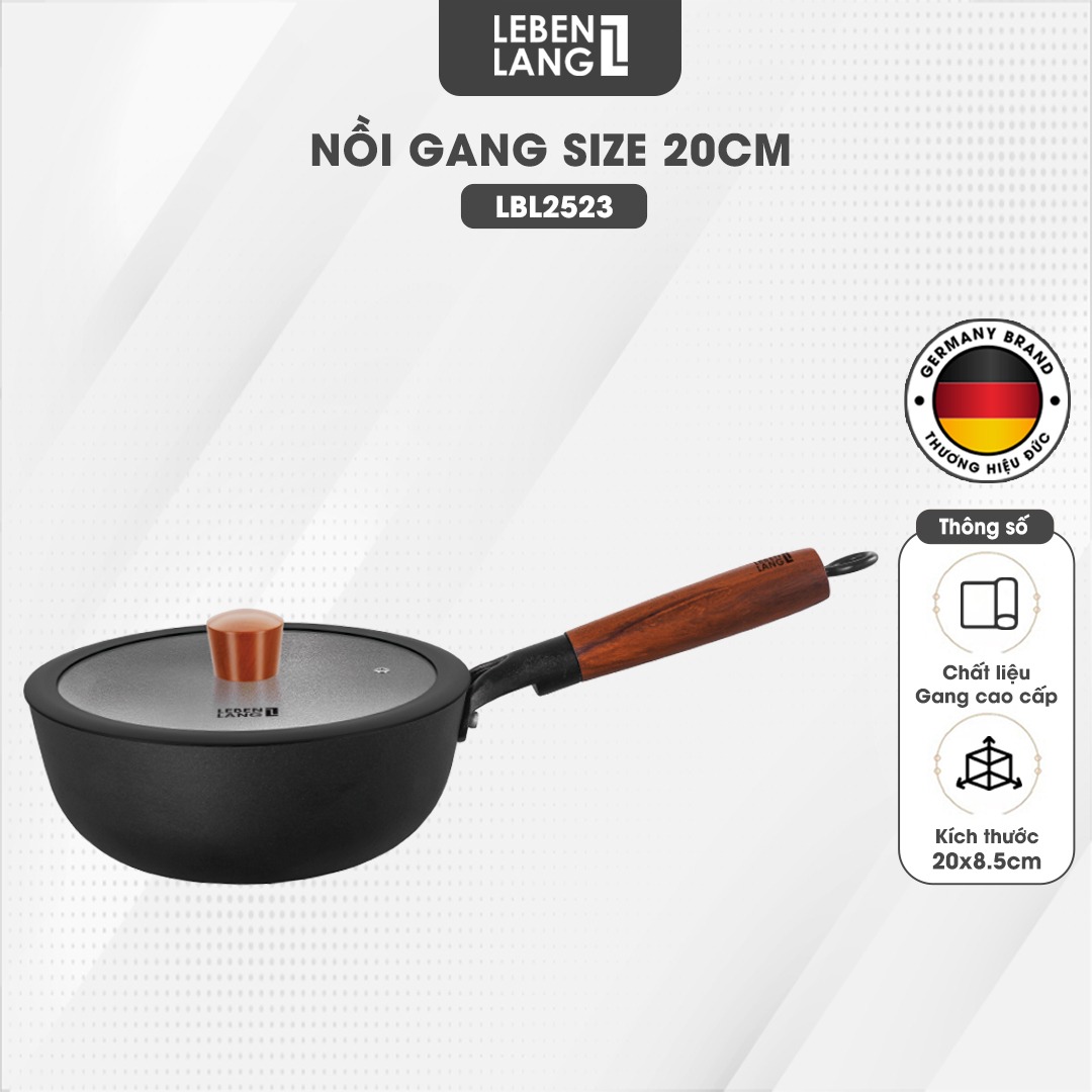 Nồi gang chống dính đa năng Lebenlang LBL2523, size 20, 2L, nắp kính tay cầm gỗ dùng mọi loại bếp - hàng chính hãng