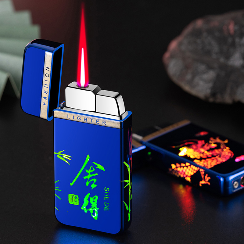 Vỏ Hột Quẹt Bật Lửa Khò Gas 1 Tia WD-881 Có Đèn LED In Hình Rồng Cuộn 2 Mặt, Mèo Thần Tài - Nhiều Họa Tiết