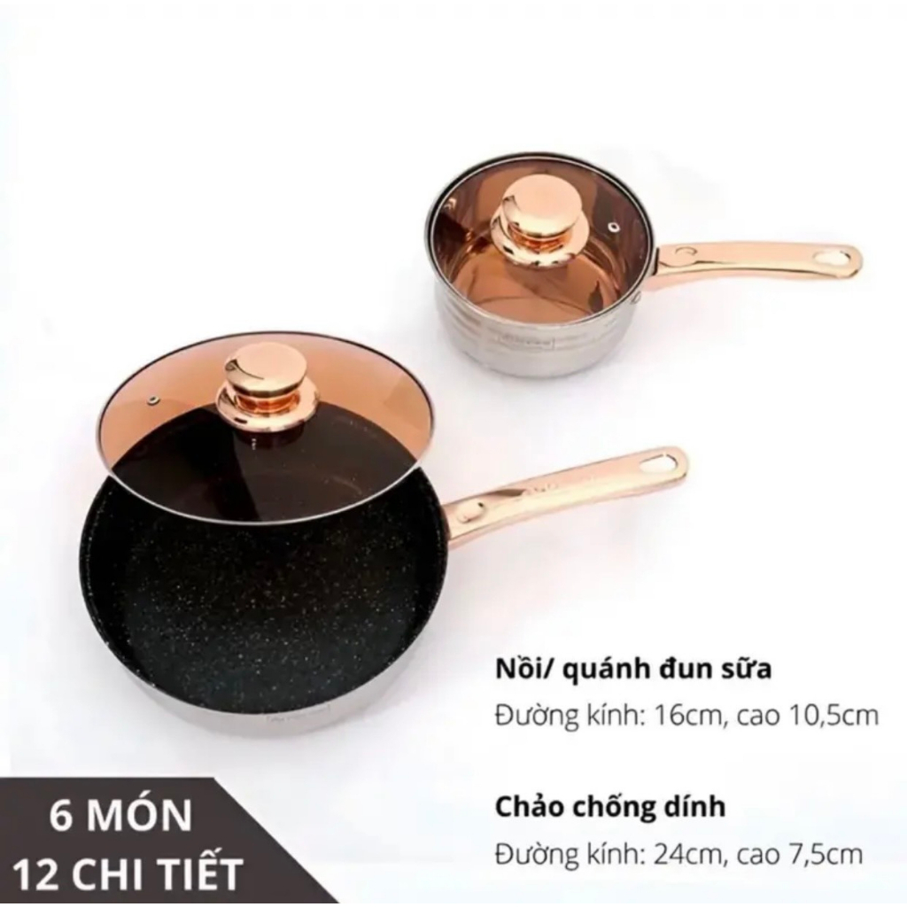 Bộ Nồi Đức 6 món 12 Chi Tiết Cao Cấp 5 Đáy Siêu Dày Bền Cho Gia Đình Nội Trợ Dùng Cho Mọi Loại Bếp Điện, Bếp Từ, Bếp Ga