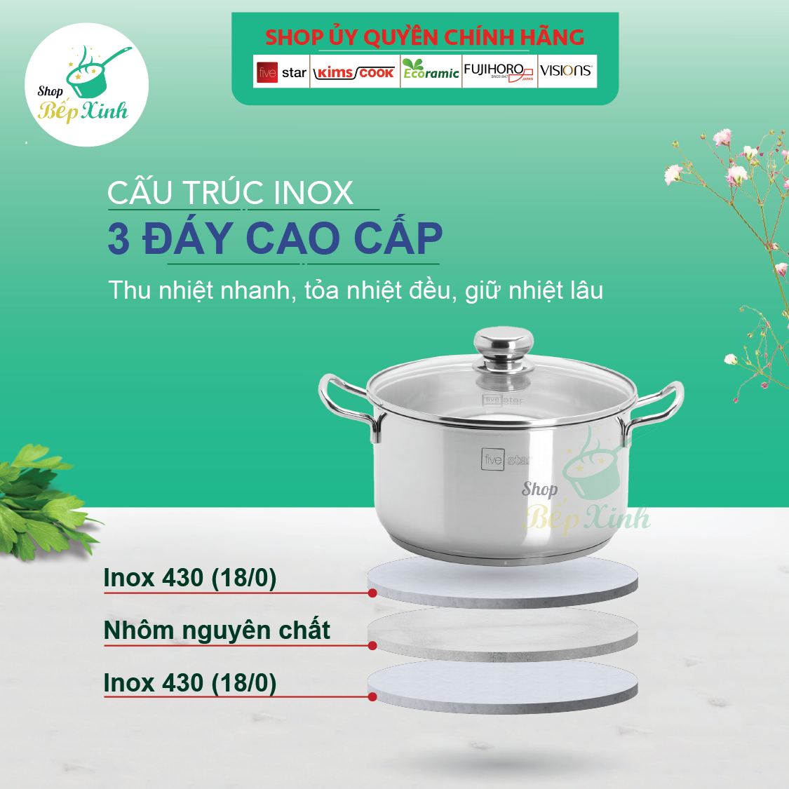 Bộ 4 nồi inox Fivestar 3 đáy bếp từ , inox 430 , nắp kính ( tặng 1 vá canh )