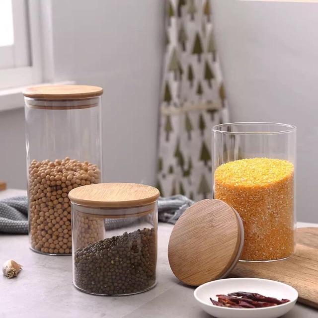 Set 3 Lọ chè thuỷ tinh nắp gỗ tre