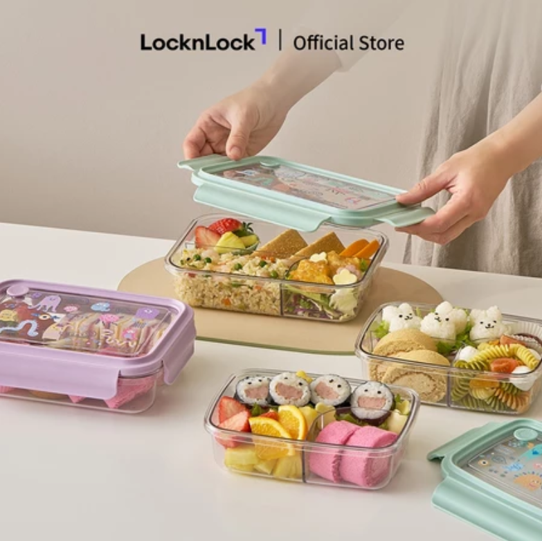 Hộp cơm nhựa 3 ngăn trong suốt LocknLock 750ml - LCB501 và 1L - LCB502 - 2 màu (Tím, Xanh)