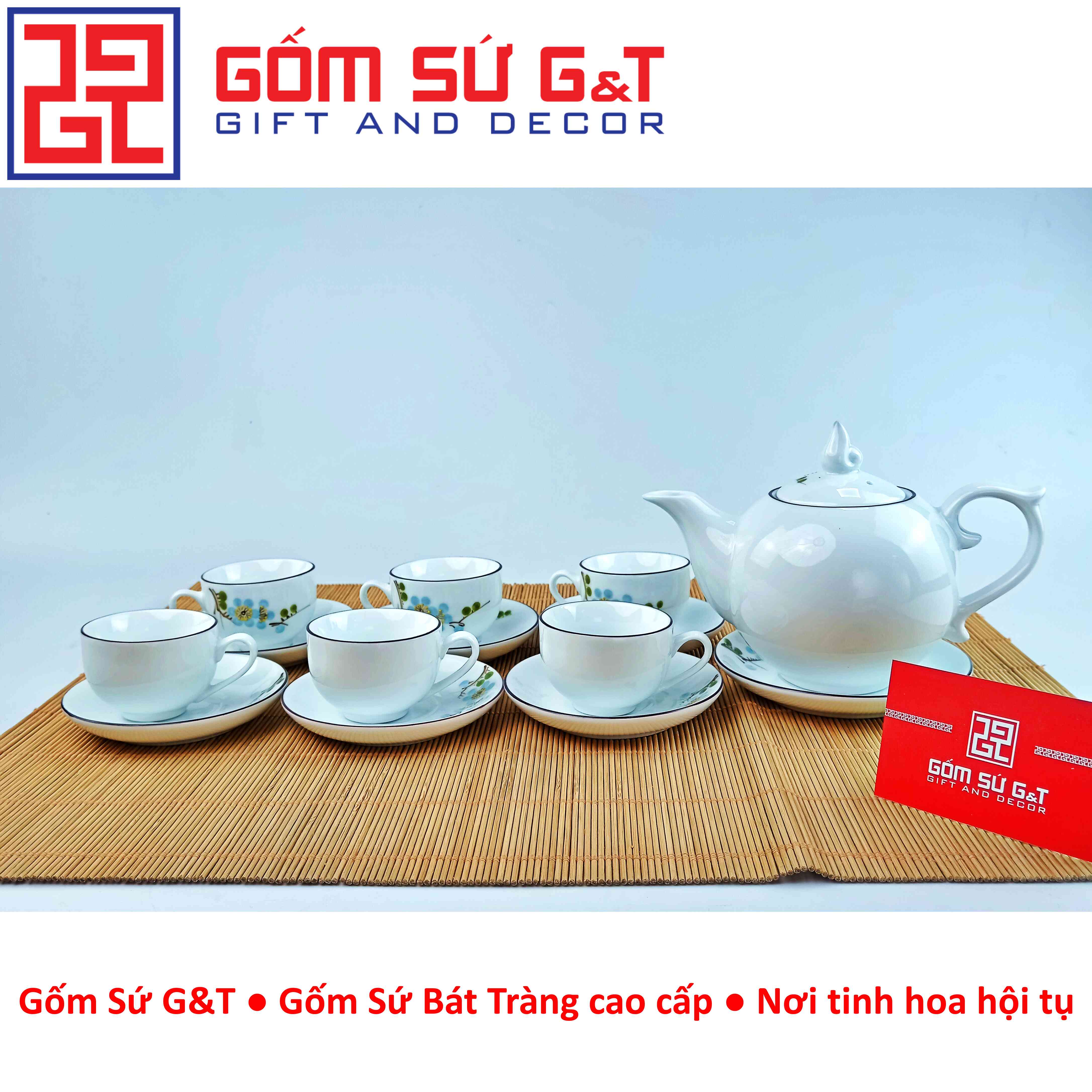 Bộ trà chóp lửa vẽ hoa đào xanh Gốm sứ G&T