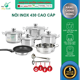 Bộ nồi inox cao cấp FIVESTAR Standard 3 đáy 6 chiếc inox 430 nắp kính dùng được bếp từ , hồng ngoại , tặng 1 vá canh