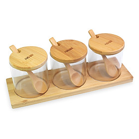 Bộ 3 hũ thủy tinh nắp gỗ đựng gia vị có nắp muỗng Hobby Home Decor VTD
