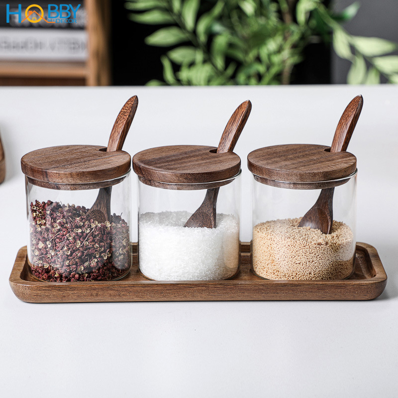 Combo 3 hủ gia vị thủy tinh kèm khay muỗng Hobby Home Decor HGV3D