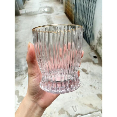 Bộ 6 ly thủy tinh chịu nhiệt cao cấp dùng uống nước vân sọc viền vàng miệng loe