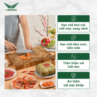 Thớt gỗ Teak kháng khuẩn tự nhiên, bám dính tốt không mùn dăm 40x30x3.8cm thái băm chặt - Chính hãng Bộ Quốc Phòng sản xuất