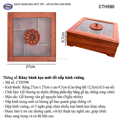 Khay Bánh Kẹo Mứt Tết Gỗ Hương Nắp Kính Vuông Trong Suốt Thiết Kế Trang Trọng - CTH590