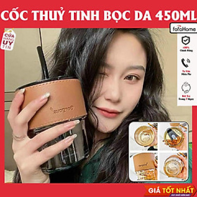 Cốc Thủy Tinh Bọc Da Có Nắp Kèm Ống Hút, Ly Thuỷ Tinh GorGous Bọc Da Sang Chảnh Chống Bỏng Pha Sữa Cafe 450ml Giao Màu Ngẫu Nhiên