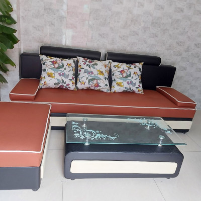 Bộ sofa văng Juno Sofa 2m2 kèm đôn 60 x 80 cm và tặng bàn Kính (màu cam) 