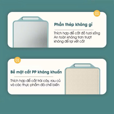 Thớt Inox 304 Kháng Khuẩn 2 Mặt, Mặt Sau Nhựa PP Kháng Khuẩn Có Tay Cầm - HÀNG CHÍNH HÃNG MINIIN