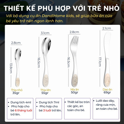 Bộ dao thìa nĩa tập ăn cho bé DandiHome inox 304 cao cấp - Có các lựa chọn