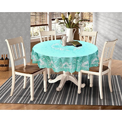 Khăn trải bàn PAULEE FY116 tròn - đường kính 178cm, hoa văn, màu xanh ngọc, nhựa PVC dẻo, không thấm nước