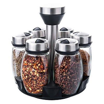 Bộ 6 Lọ Đựng Gia Vị Chất Liệu Thủy Tinh Kèm Đế Xoay 360 Tiện Lợi- TẠo Sang Trọng, Gọn Gàng Cho Căn Bếp