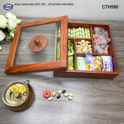 Khay Bánh Kẹo Mứt Tết Gỗ Hương Nắp Kính Vuông Trong Suốt Thiết Kế Trang Trọng - CTH590