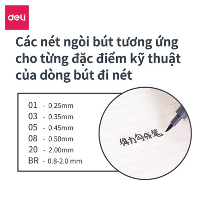 Bút kỹ thuật đi nét nhiều ngòi màu đen Deli - kháng nước - vẽ caligraphy phác thảo - bộ 6 chiếc - S573 .