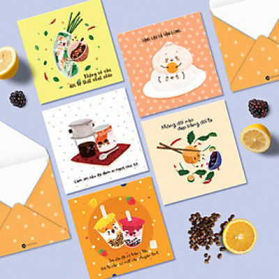 Set 5 thiệp tình yêu Valentine tỏ tình Vui Có Đôi minh họa món ăn Việt Nam dễ thương vui nhộn cho cặp đôi tâm hồn ăn uống