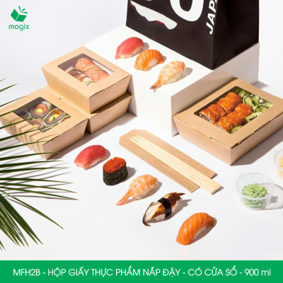 MFH2B - 900ml - 25 hộp giấy kraft đựng thực phẩm, hộp giấy đựng thức ăn có cửa sổ, hộp đựng cơm