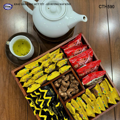 Khay Bánh Kẹo Mứt Tết Gỗ Hương Nắp Kính Vuông Trong Suốt Thiết Kế Trang Trọng - CTH590