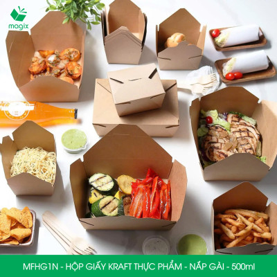 MFHG1N - 25 hộp giấy kraft thực phẩm 500ml, hộp giấy nắp gập màu nâu đựng thức ăn, hộp giấy nắp gài gói đồ ăn mang đi 