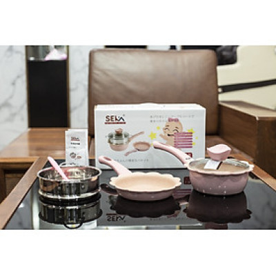 Bộ nồi chảo đá hình hoa cho bé ăn dặm cao cấp chống dính kèm lồng hấp nấu chế biến đồ gia đình dùng được bếp từ