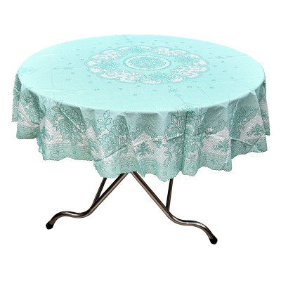 [Tặng 1 lót phần ăn] Khăn trải bàn tròn - đường kính 178cm PAULEE FY116 , hoa văn, màu xanh ngọc, nhựa PVC dẻo, không thấm nước