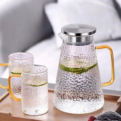 Bộ bình thủy tinh quai tròn kèm 2 cốc sần 300ml (không có giá và khay)