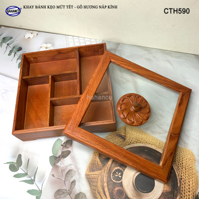 Khay Bánh Kẹo Mứt Tết Gỗ Hương Nắp Kính Vuông Trong Suốt Thiết Kế Trang Trọng - CTH590